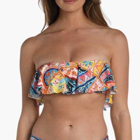 La Blanca Women's Ruffle Bandeau Bikini Swimsuit Top Multi Soleil Size 6 - Picture 2 of 6